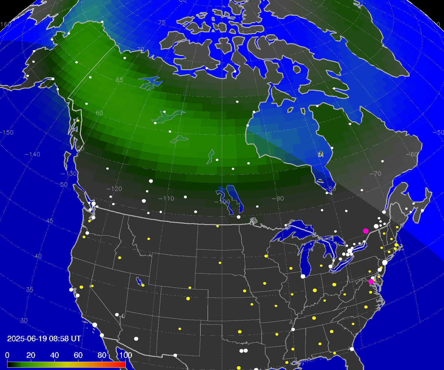 Northern lights (auroras) over North America