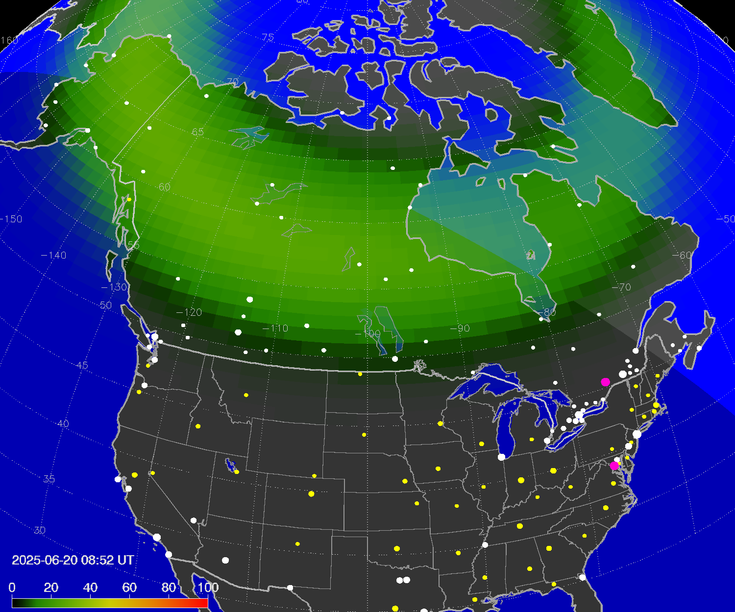 Northern lights (auroras) over North America