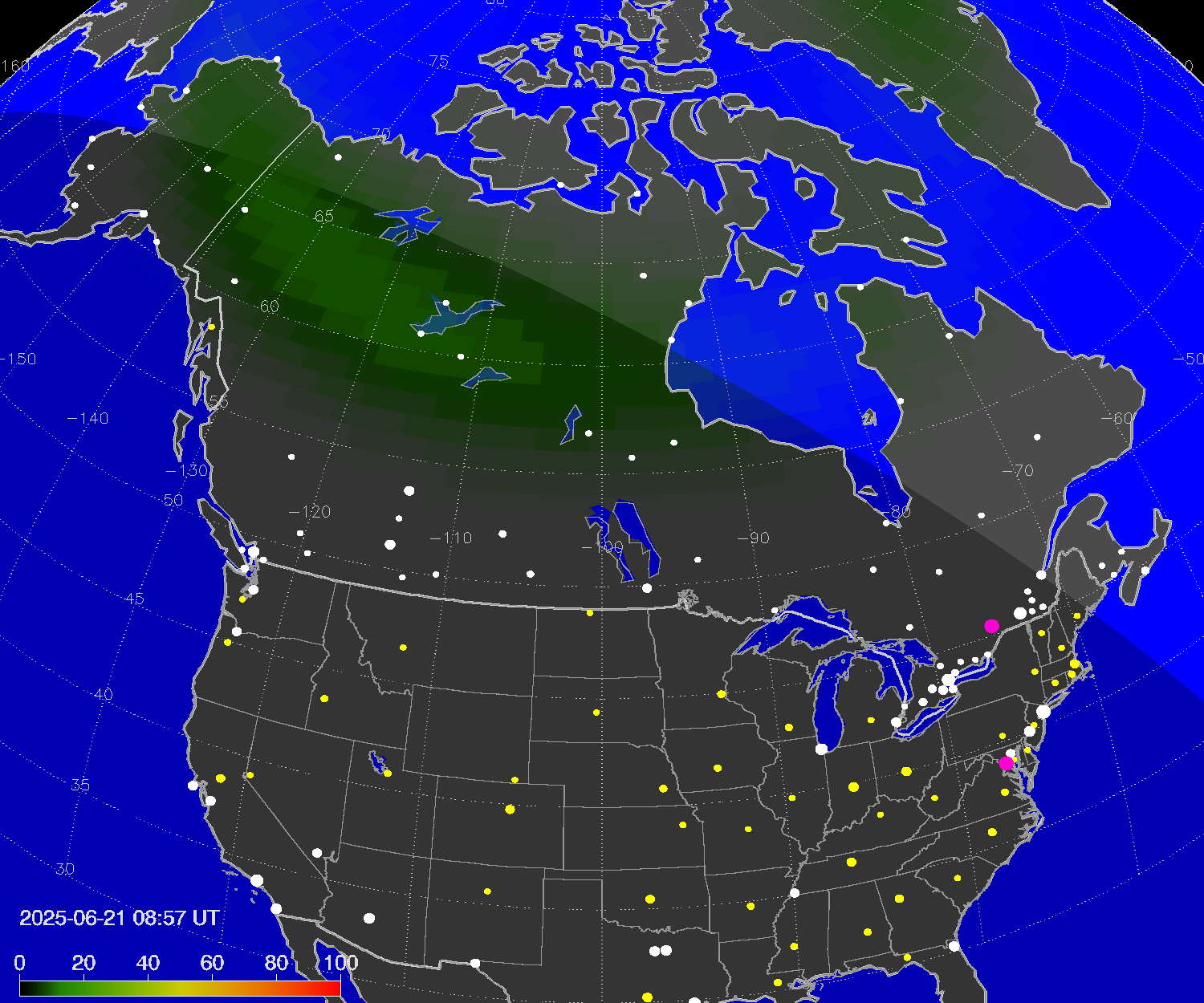 Northern lights (auroras) over North America
