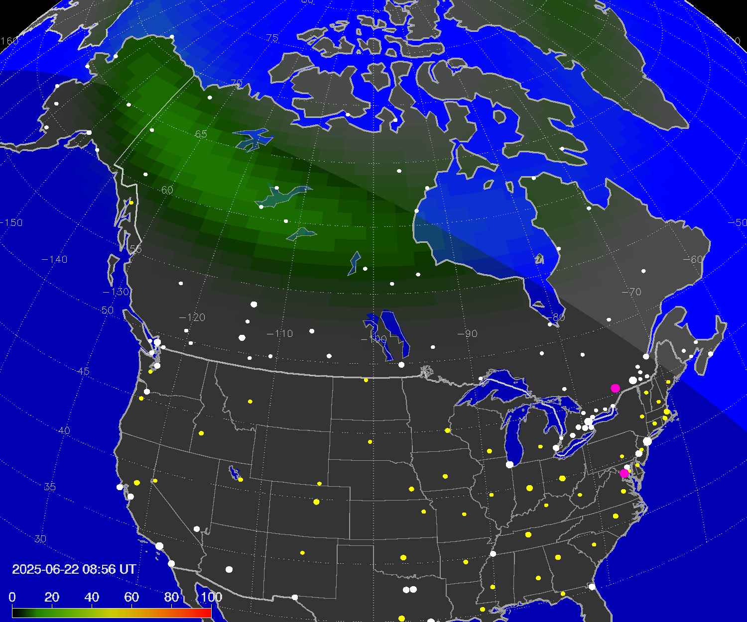 Northern lights (auroras) over North America