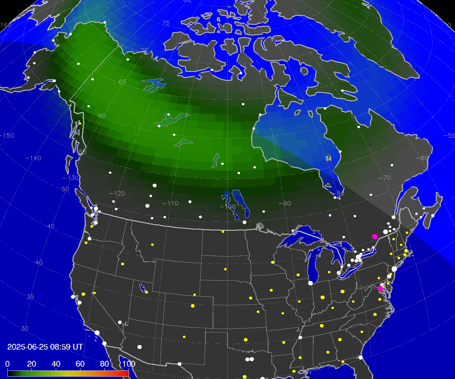 Northern lights (auroras) over North America