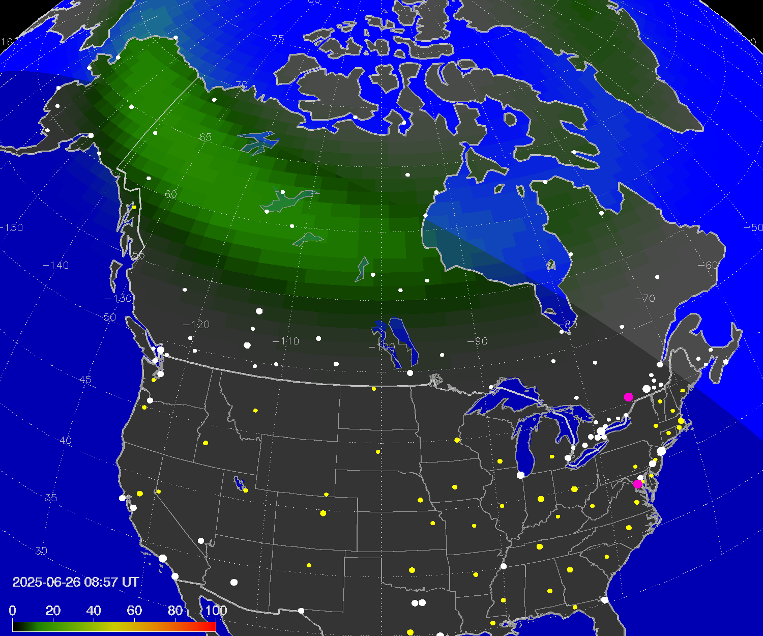 Northern lights (auroras) over North America