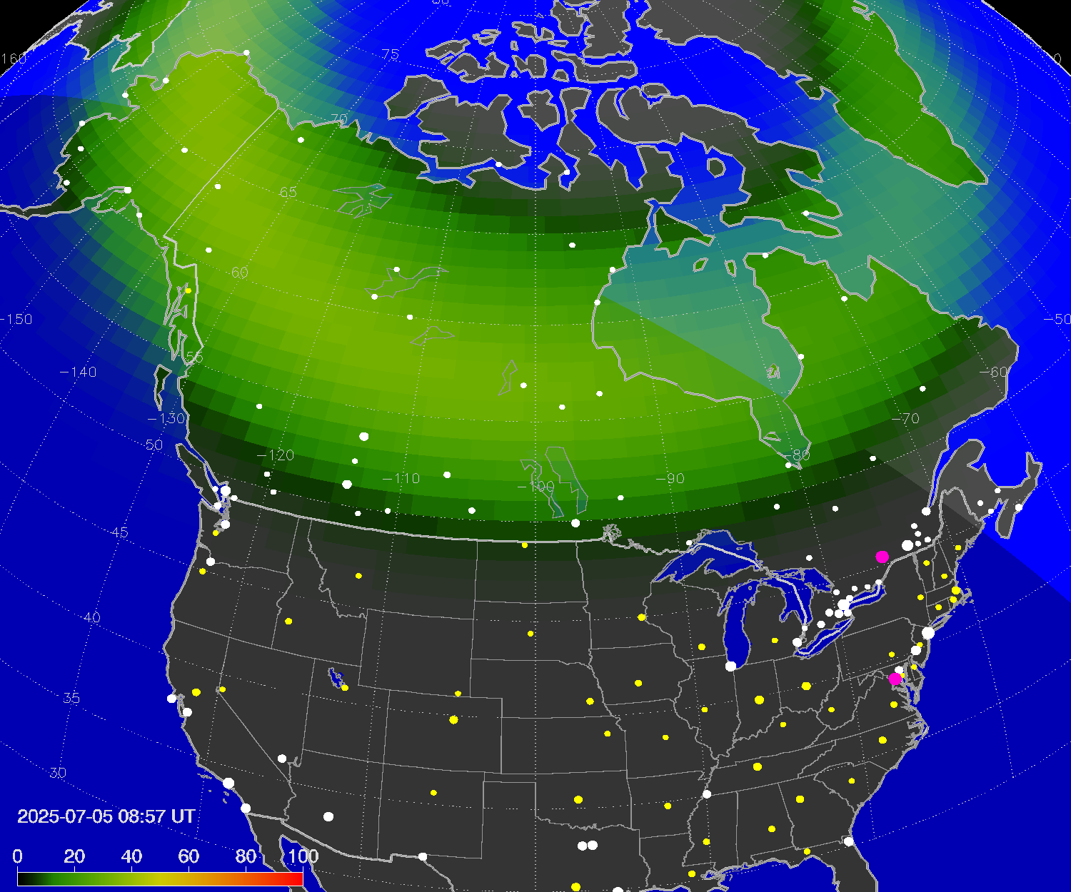 Northern lights (auroras) over North America