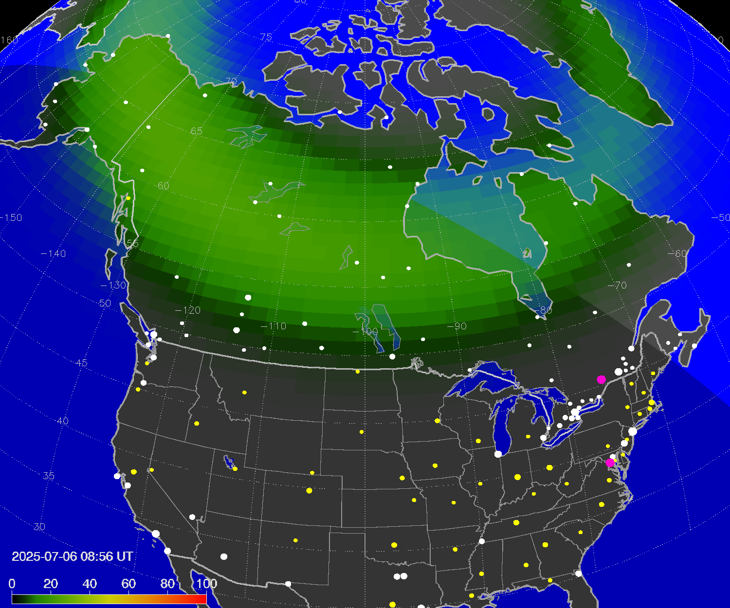 Northern lights (auroras) over North America
