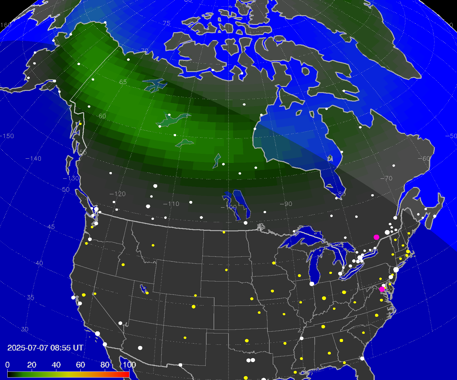 Northern lights (auroras) over North America
