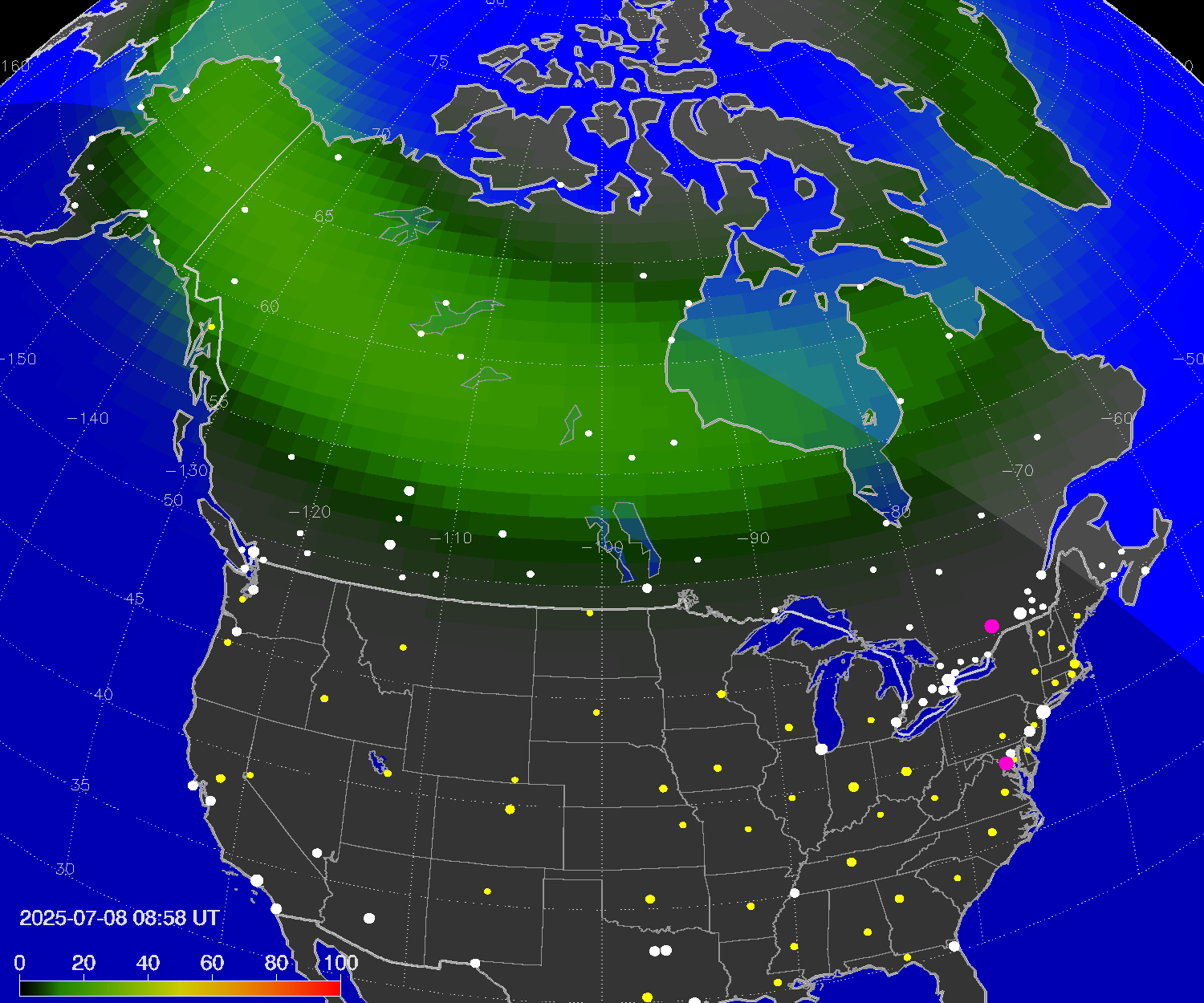 Northern lights (auroras) over North America