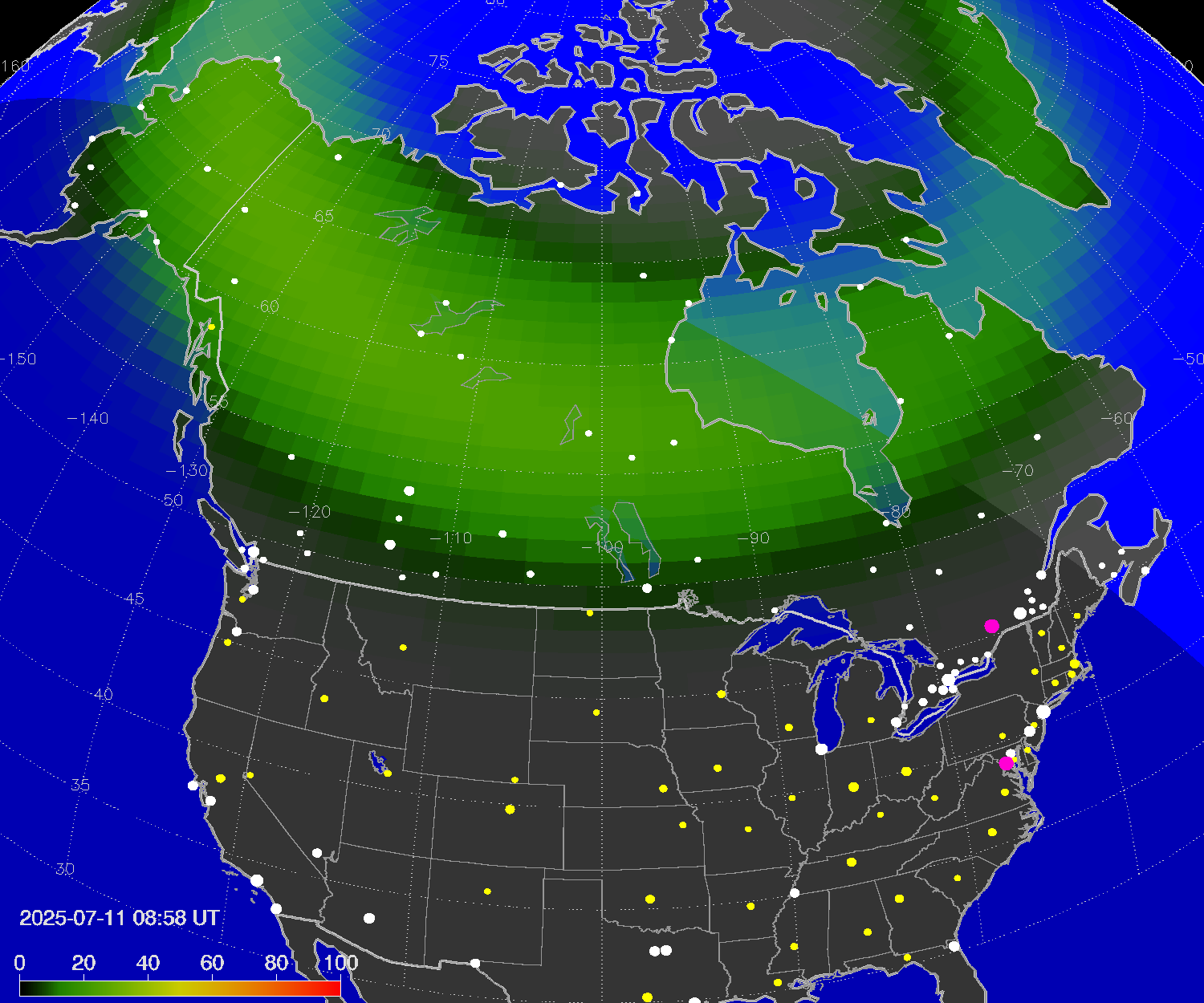Northern lights (auroras) over North America