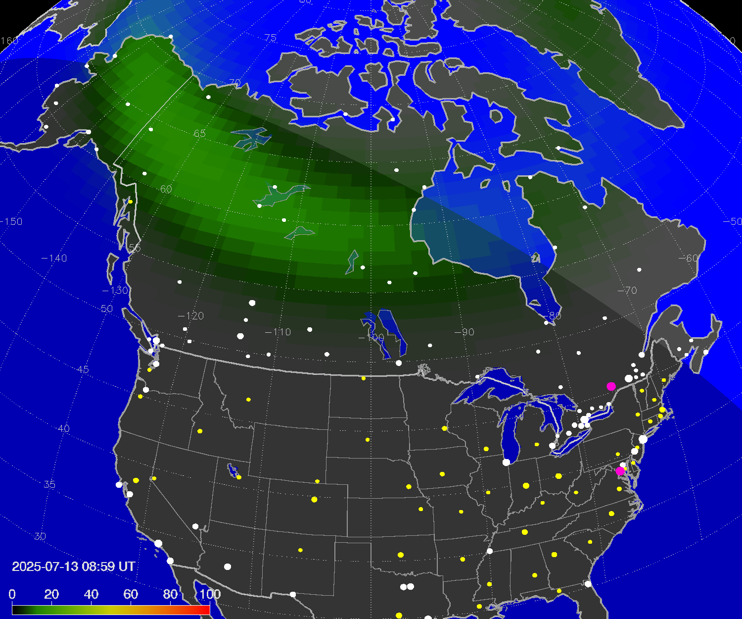 Northern lights (auroras) over North America