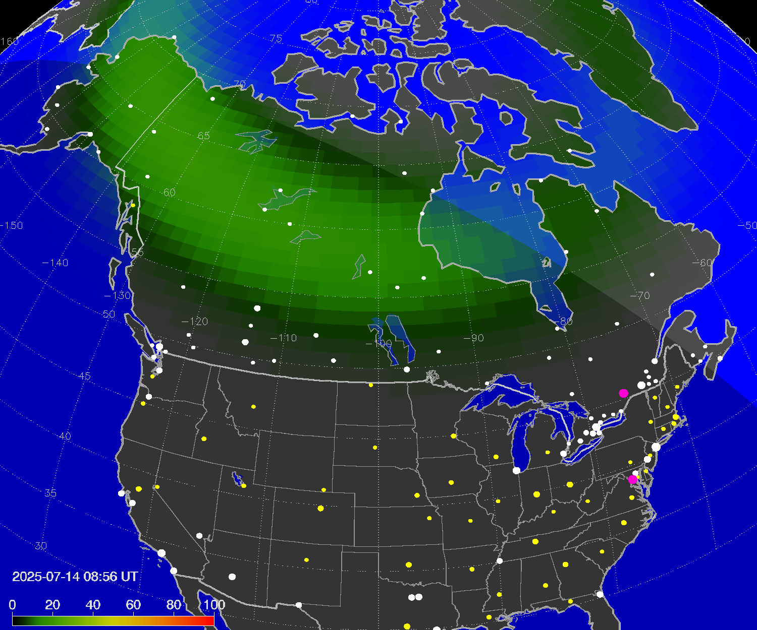 Northern lights (auroras) over North America