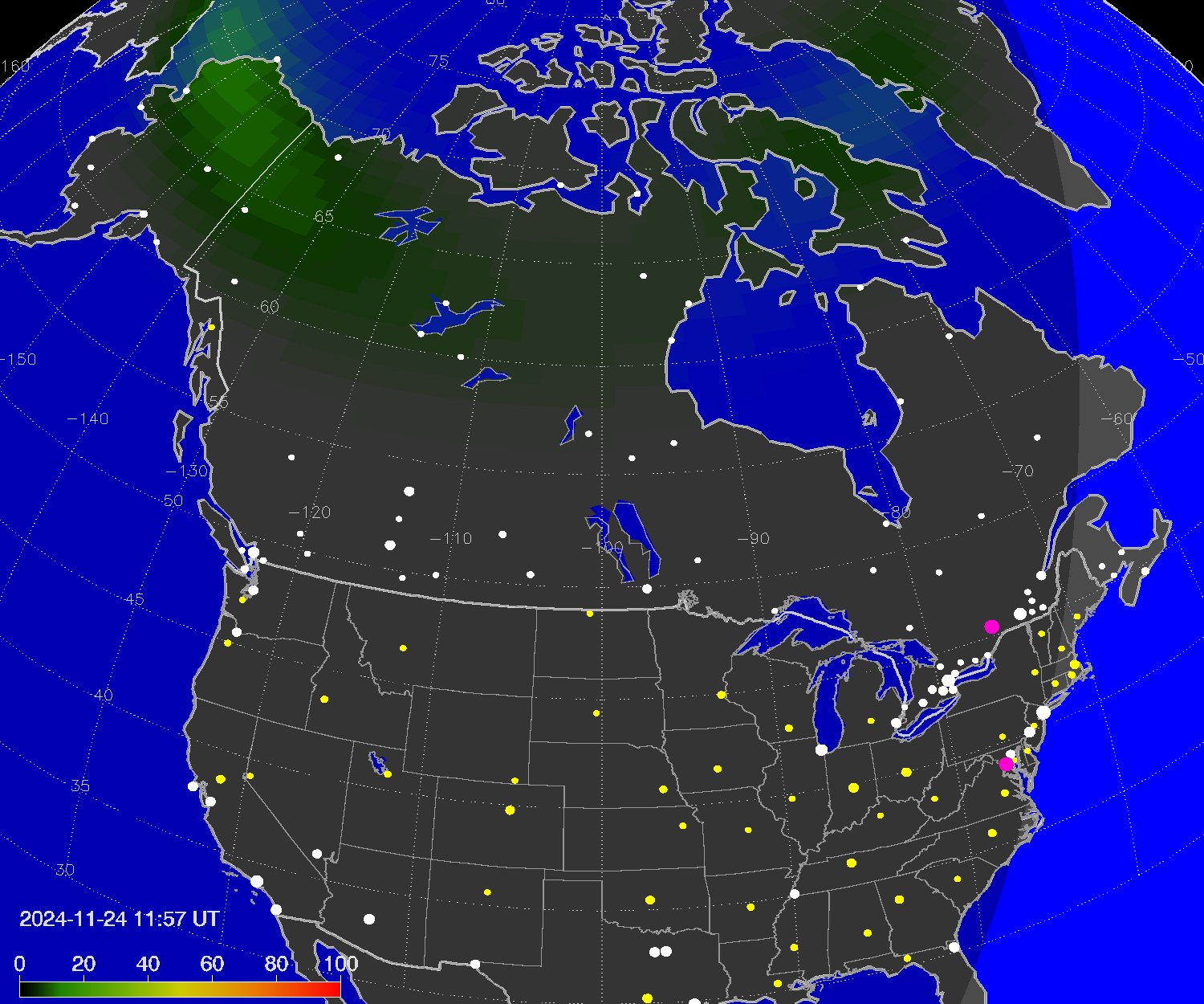 Northern lights (auroras) over North America