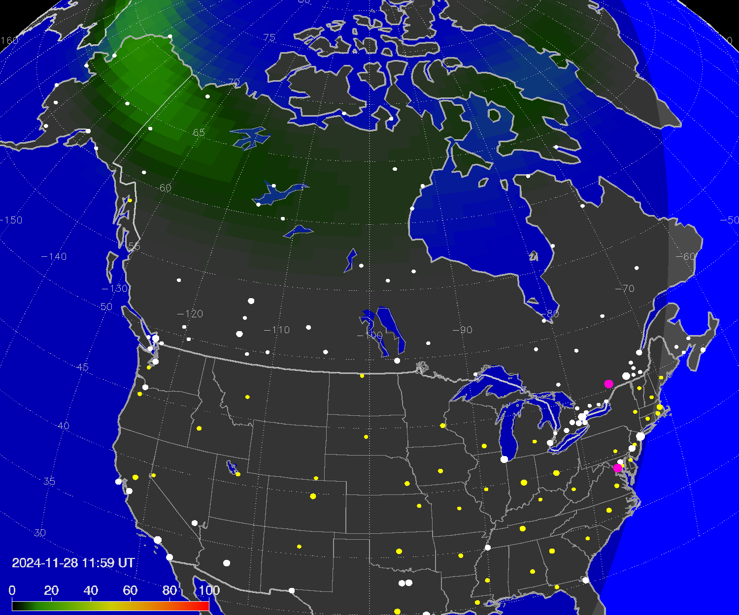 Northern lights (auroras) over North America
