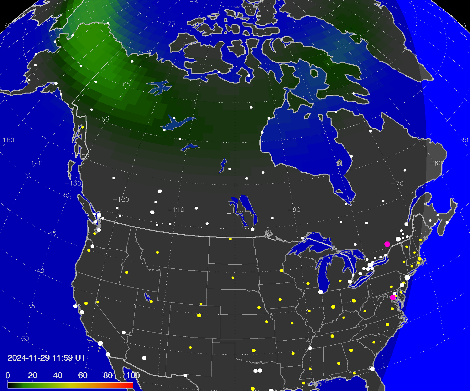Northern lights (auroras) over North America