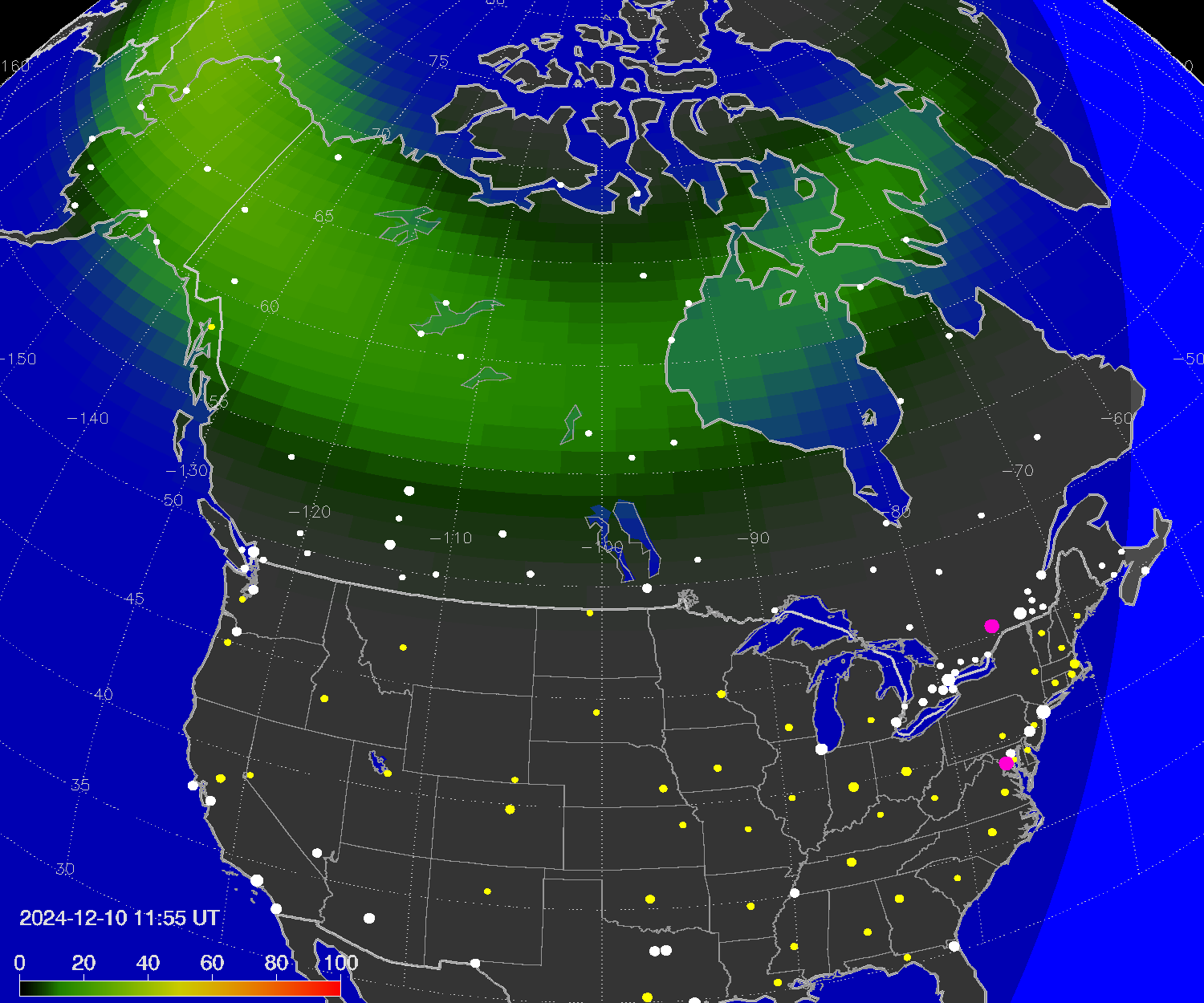 Northern lights (auroras) over North America