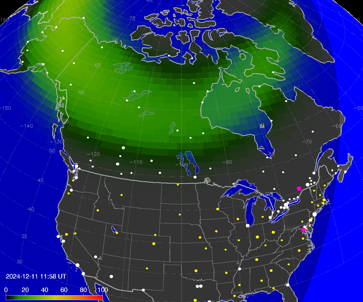 Northern lights (auroras) over North America