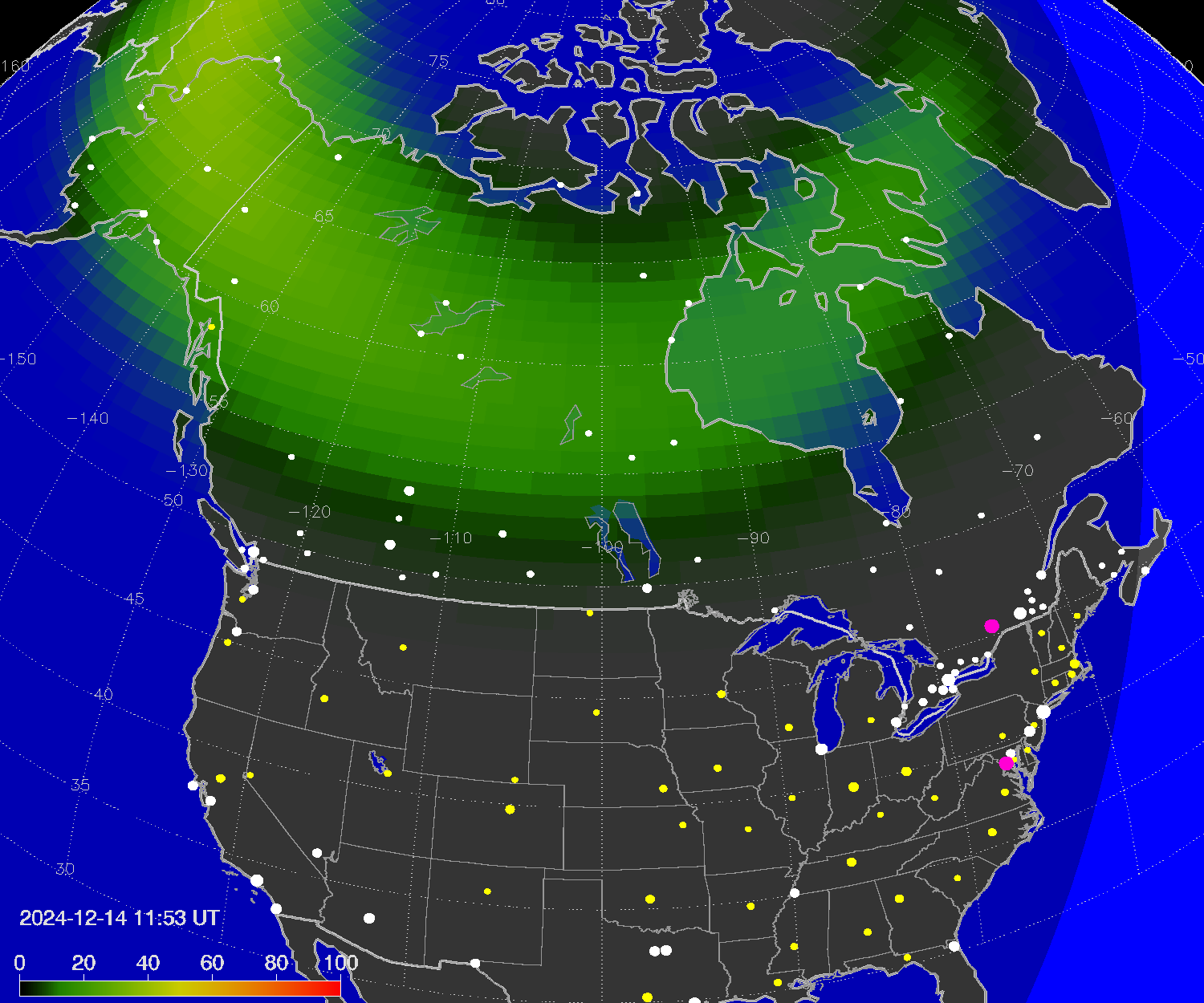 Northern lights (auroras) over North America