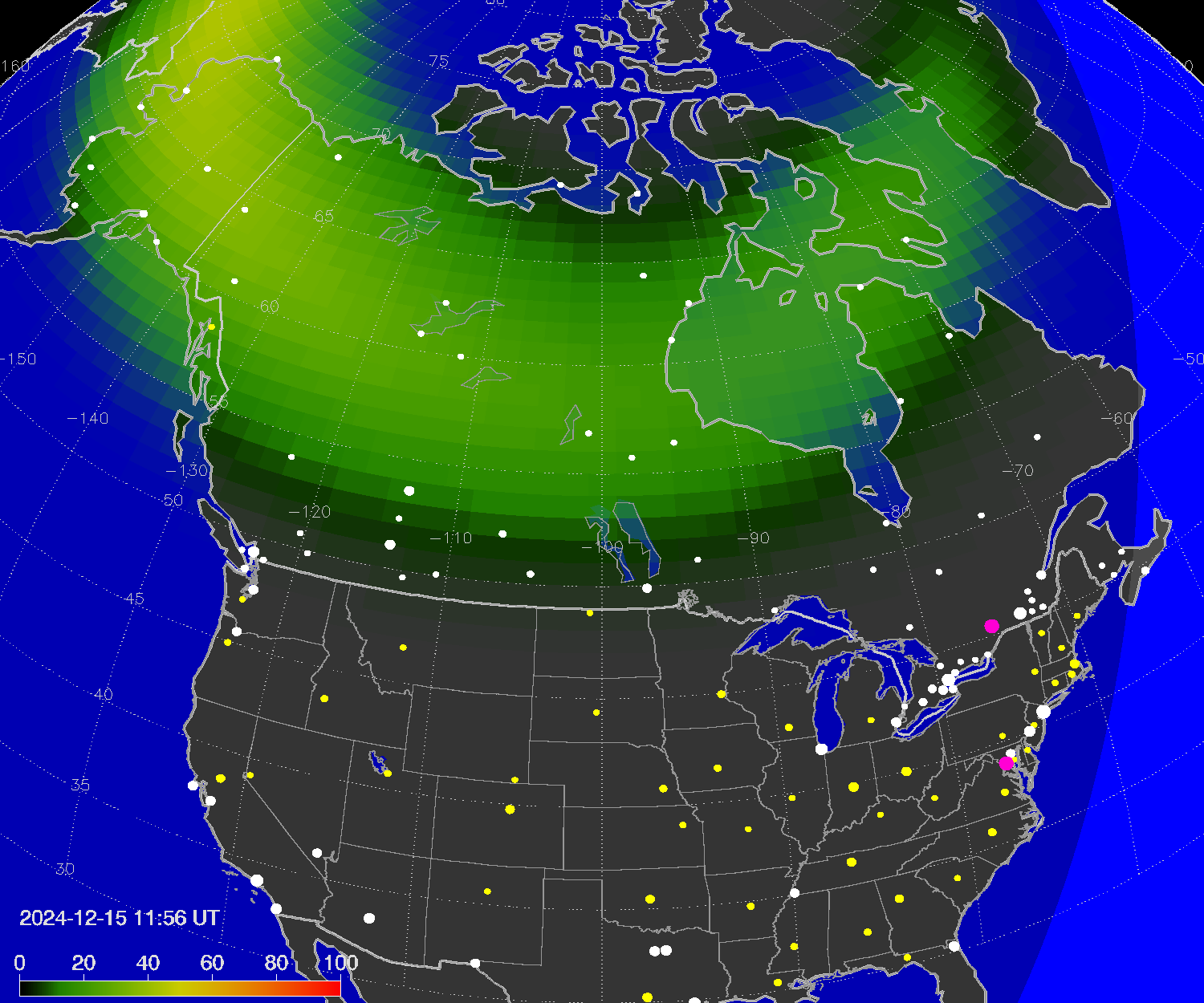 Northern lights (auroras) over North America