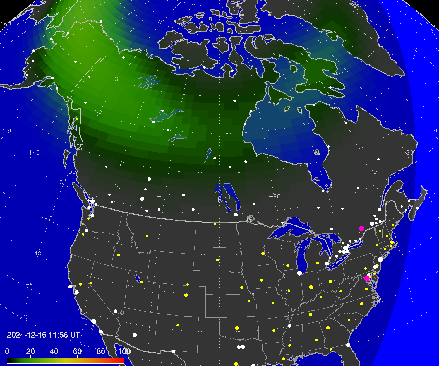 Northern lights (auroras) over North America