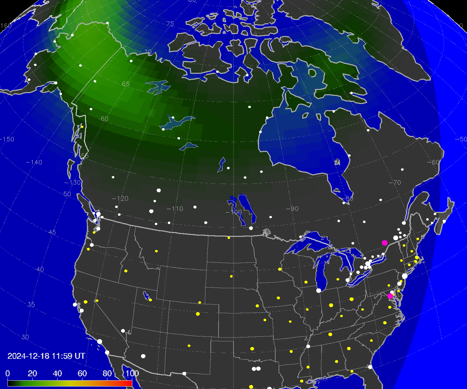 Northern lights (auroras) over North America
