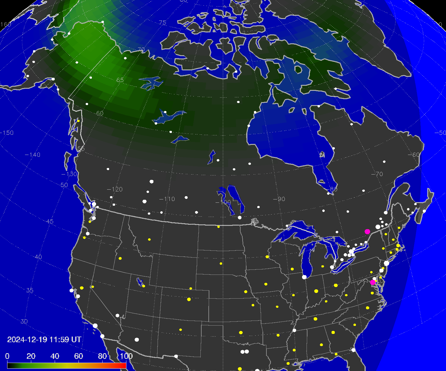 Northern lights (auroras) over North America