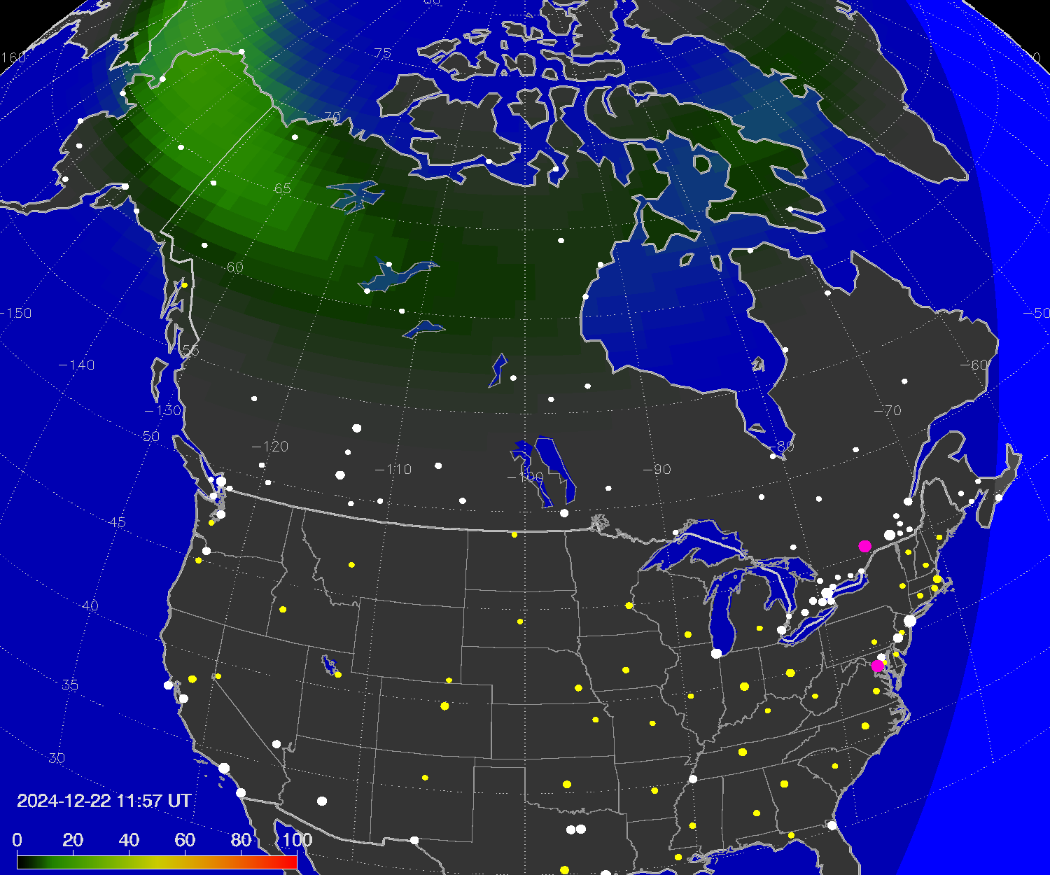 Northern lights (auroras) over North America
