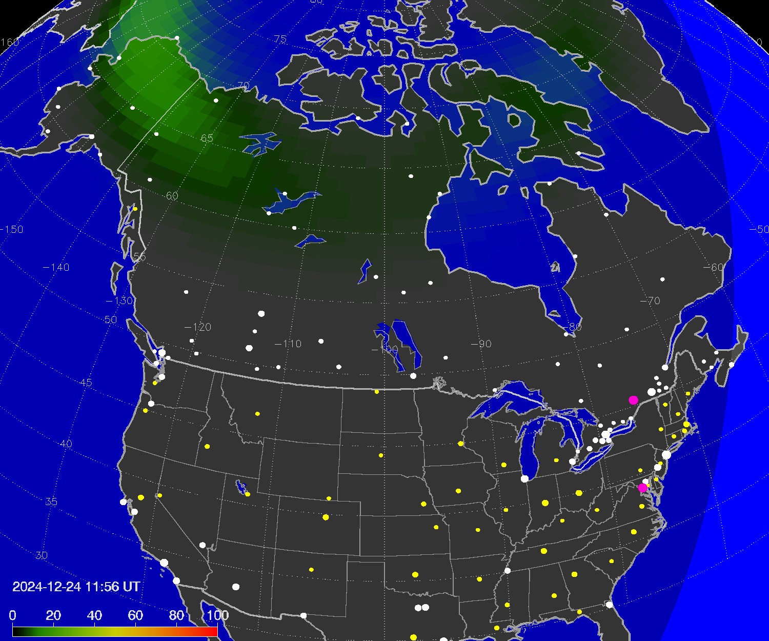 Northern lights (auroras) over North America