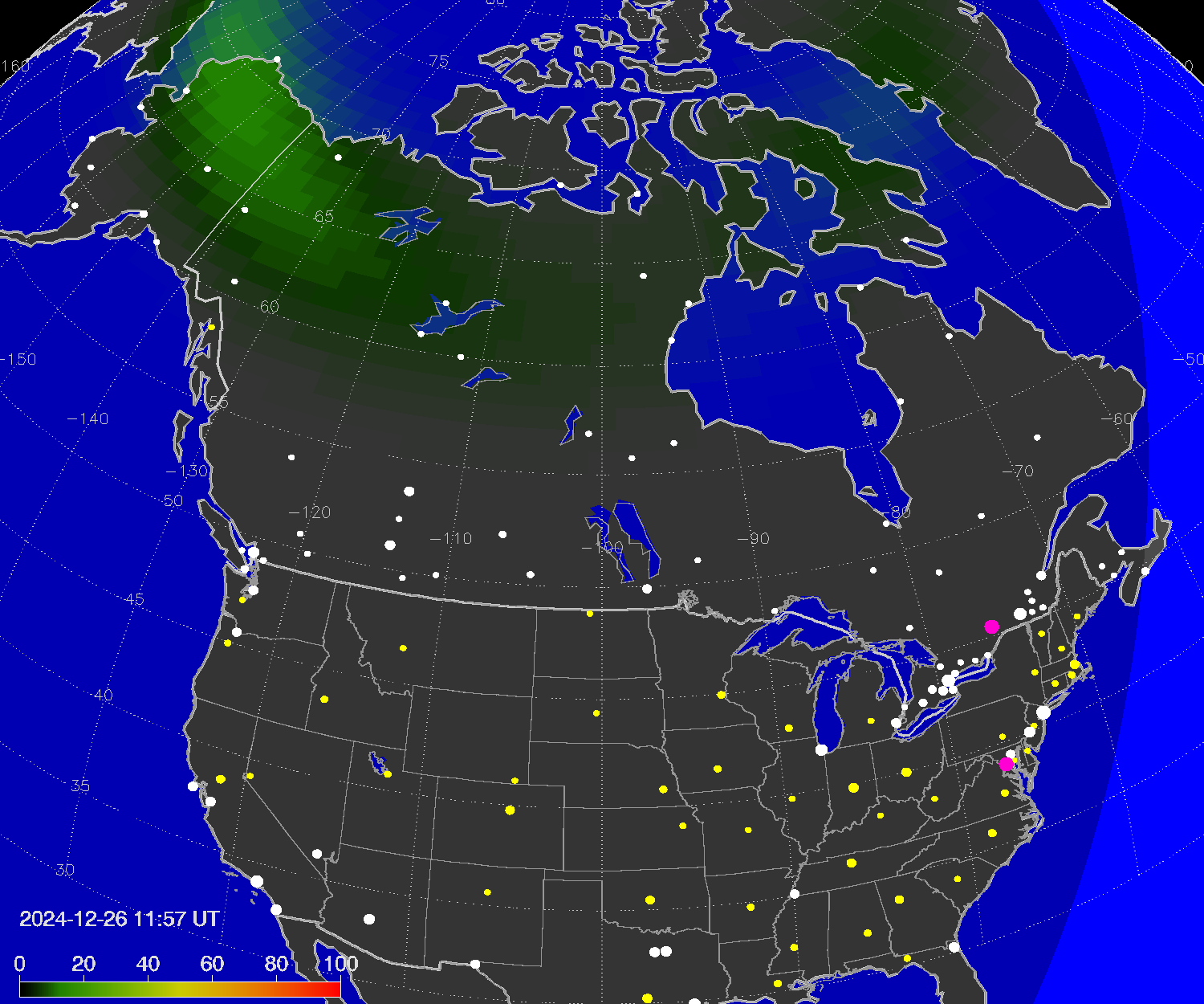 Northern lights (auroras) over North America