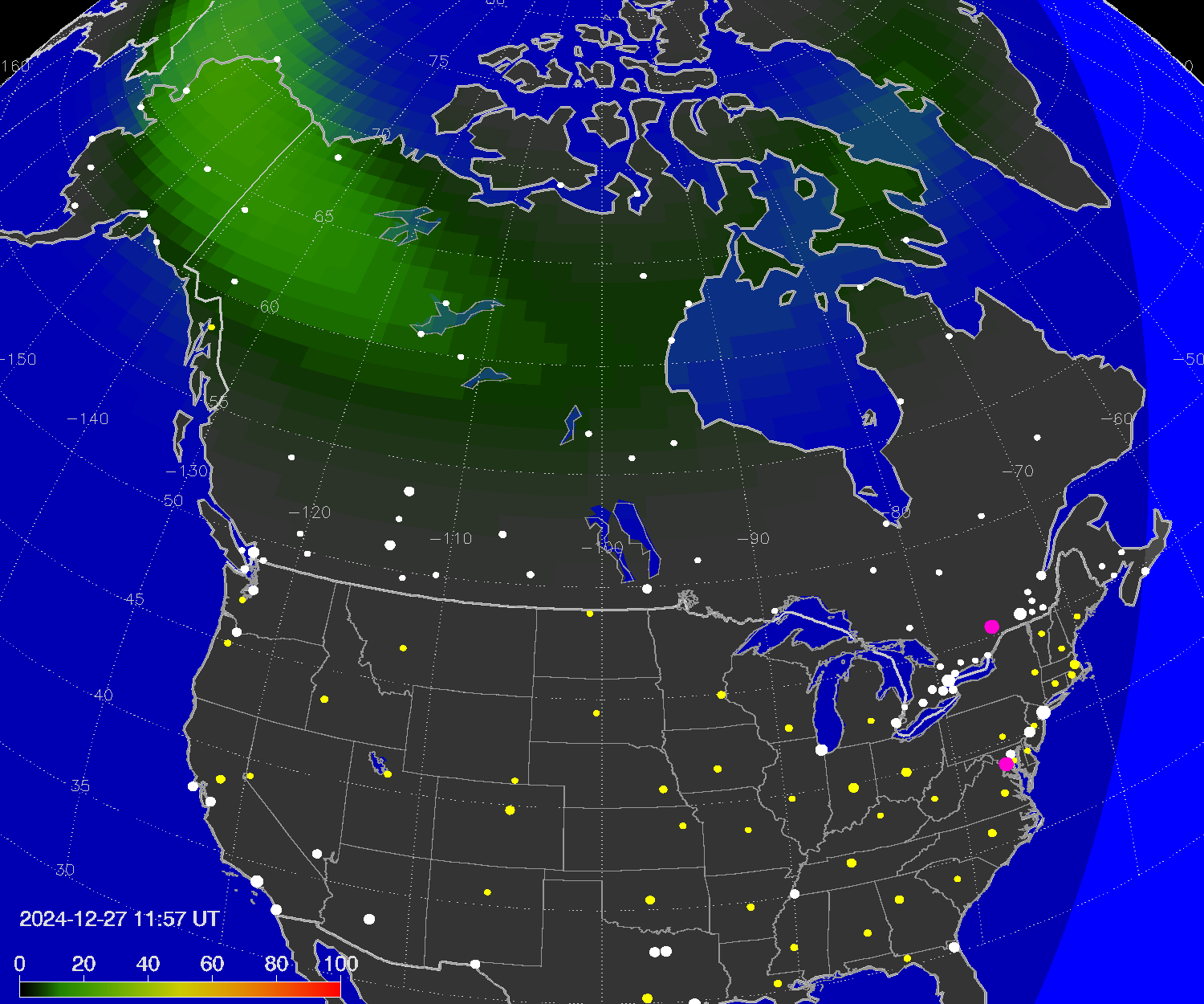 Northern lights (auroras) over North America