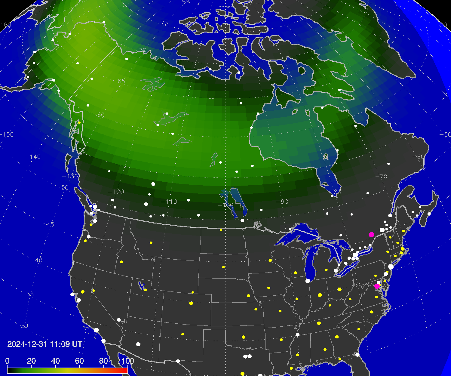 Northern lights (auroras) over North America