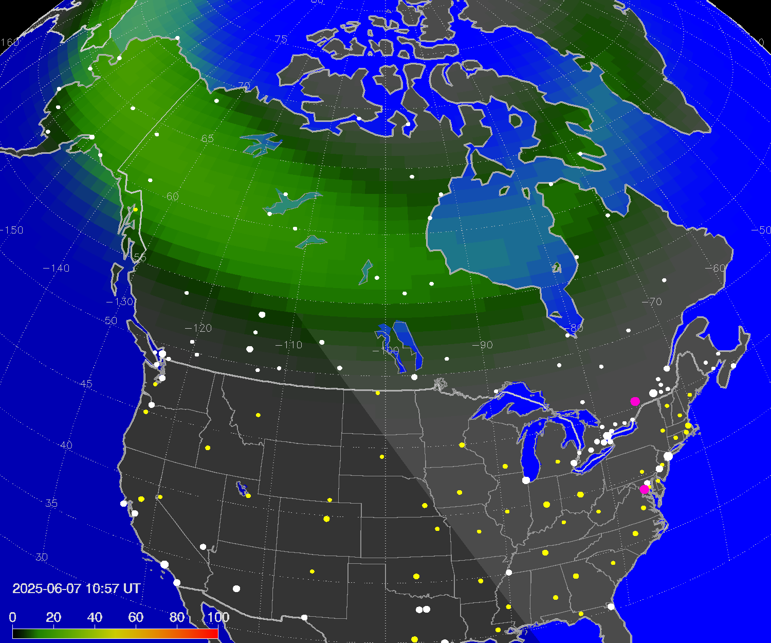 Northern lights (auroras) over North America