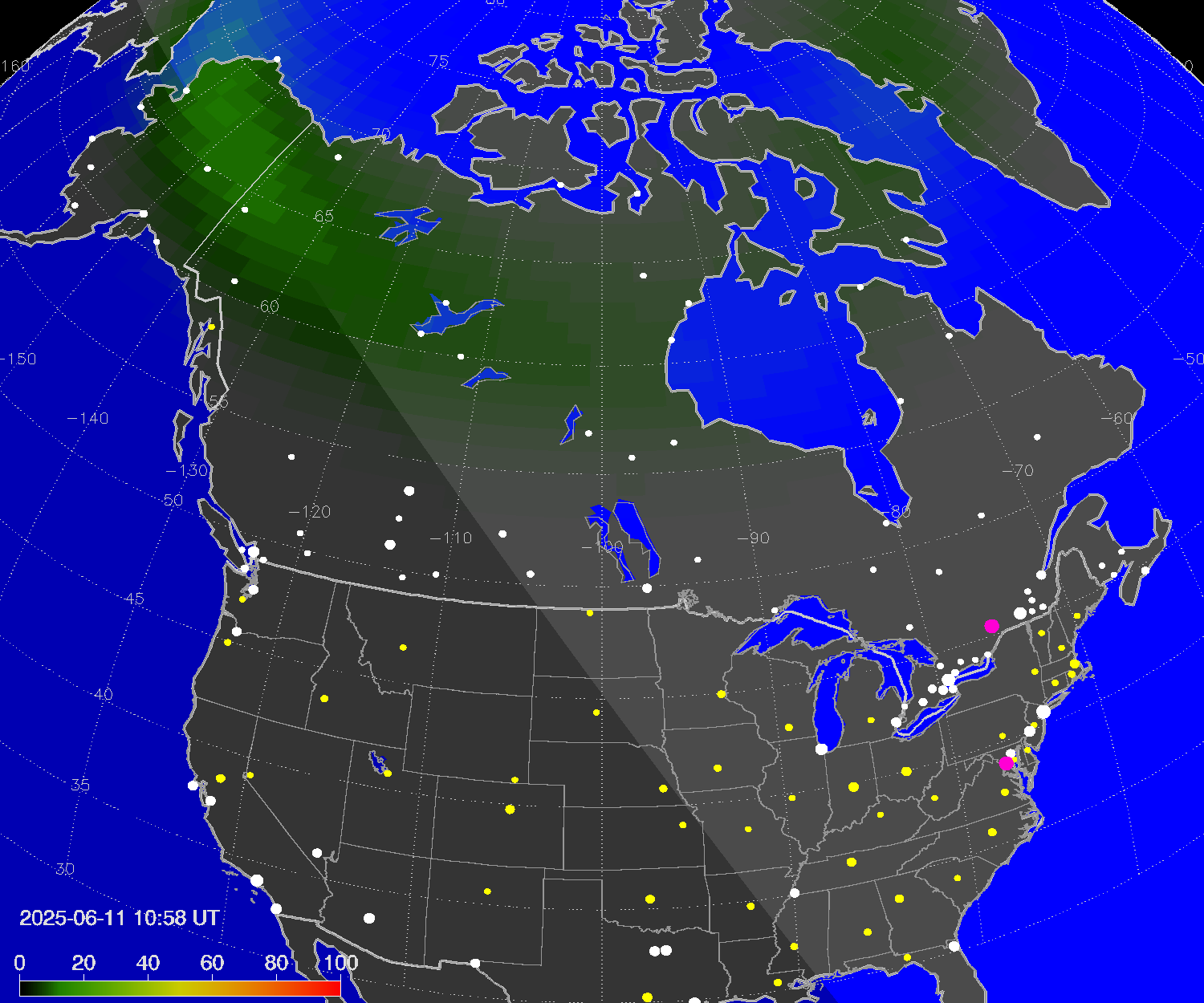 Northern lights (auroras) over North America