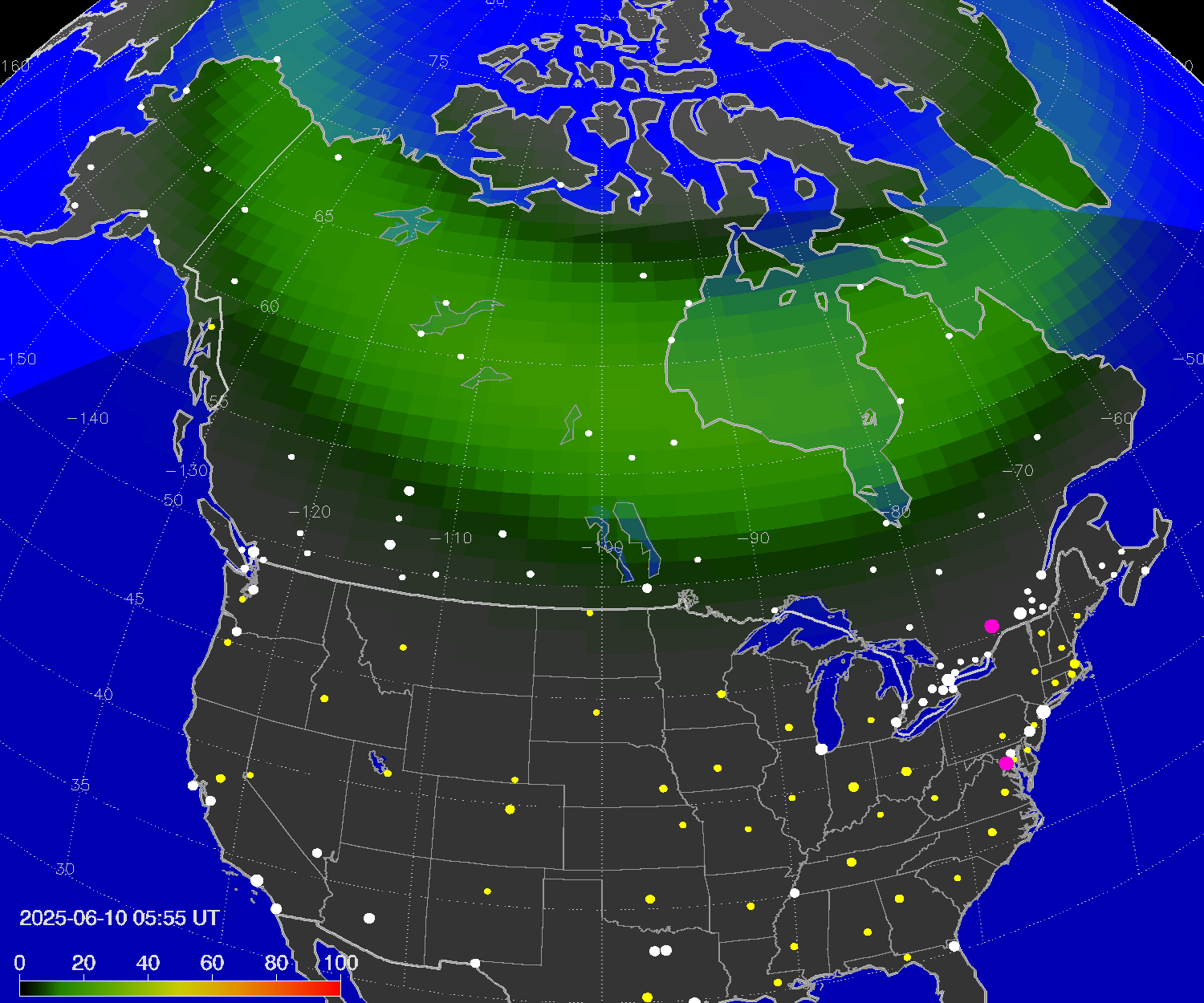 Northern lights (auroras) over North America