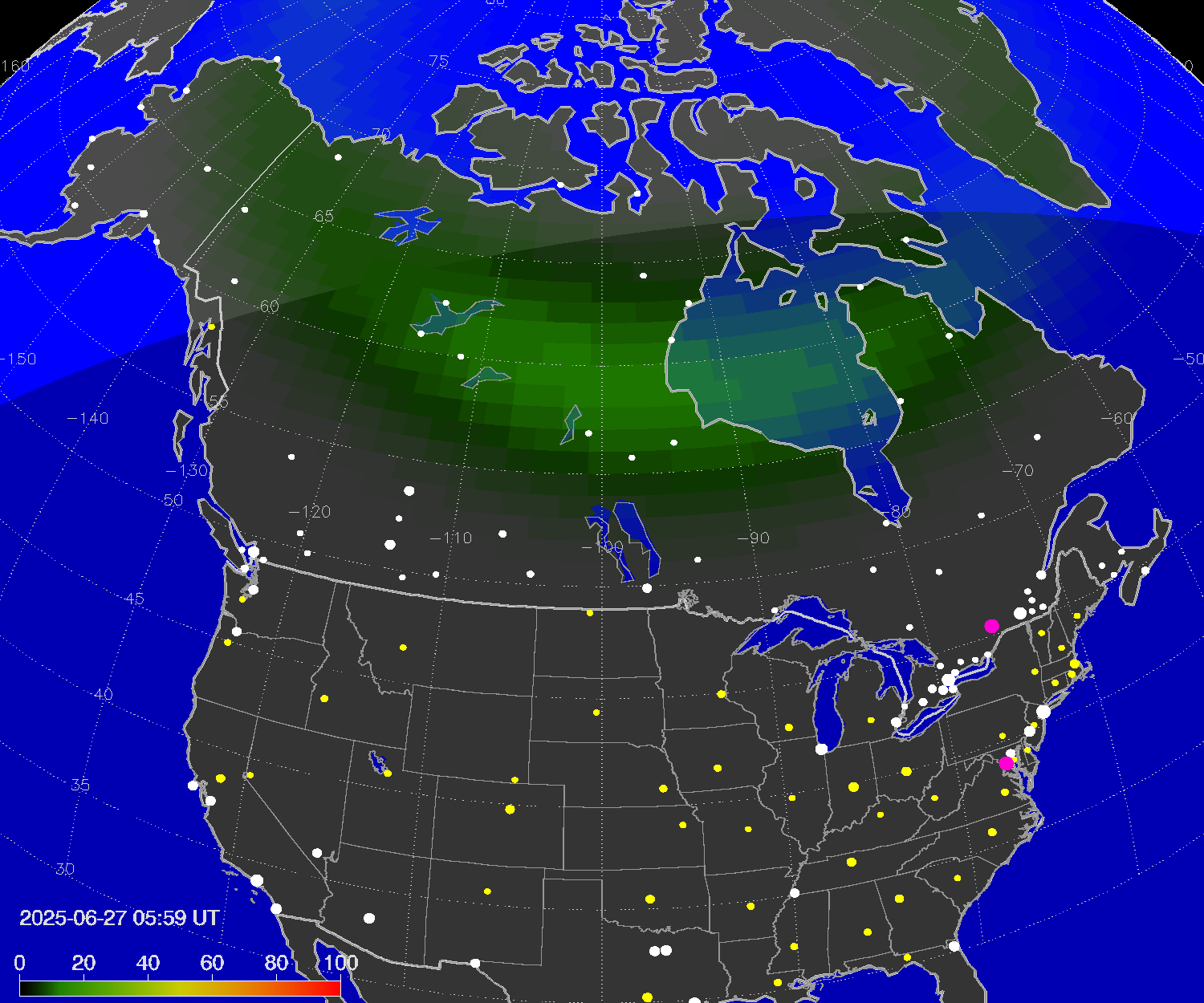 Northern lights (auroras) over North America