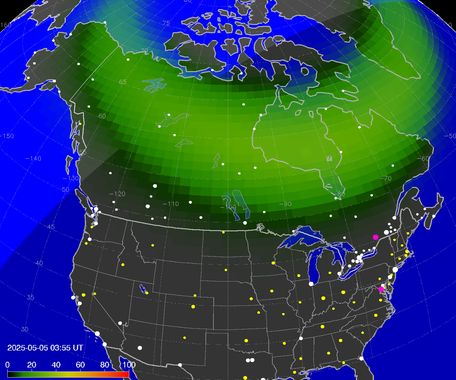 Northern lights (auroras) over North America