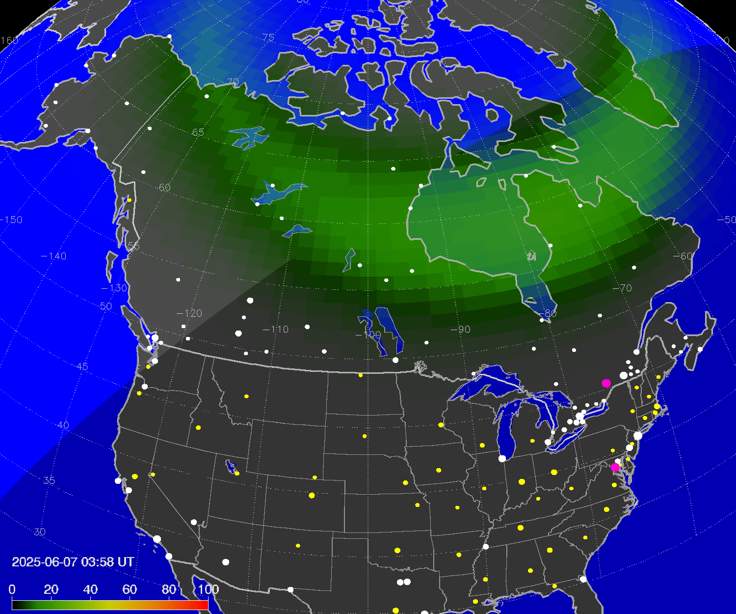 Northern lights (auroras) over North America