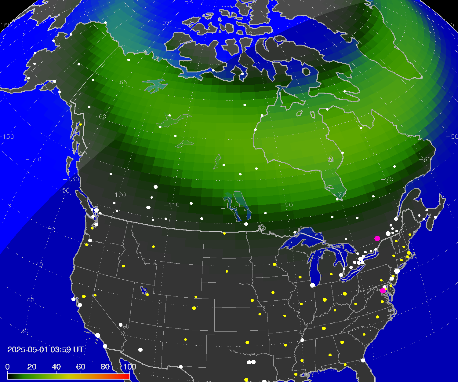 Northern lights (auroras) over North America