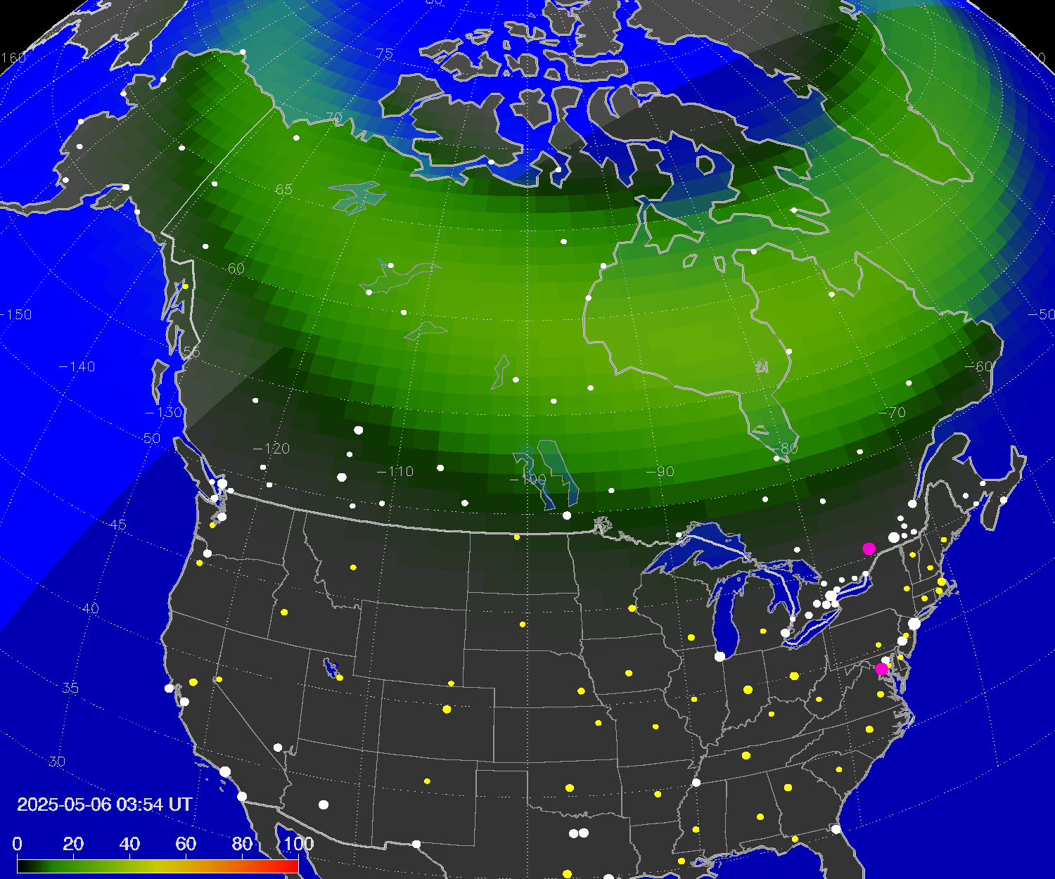 Northern lights (auroras) over North America