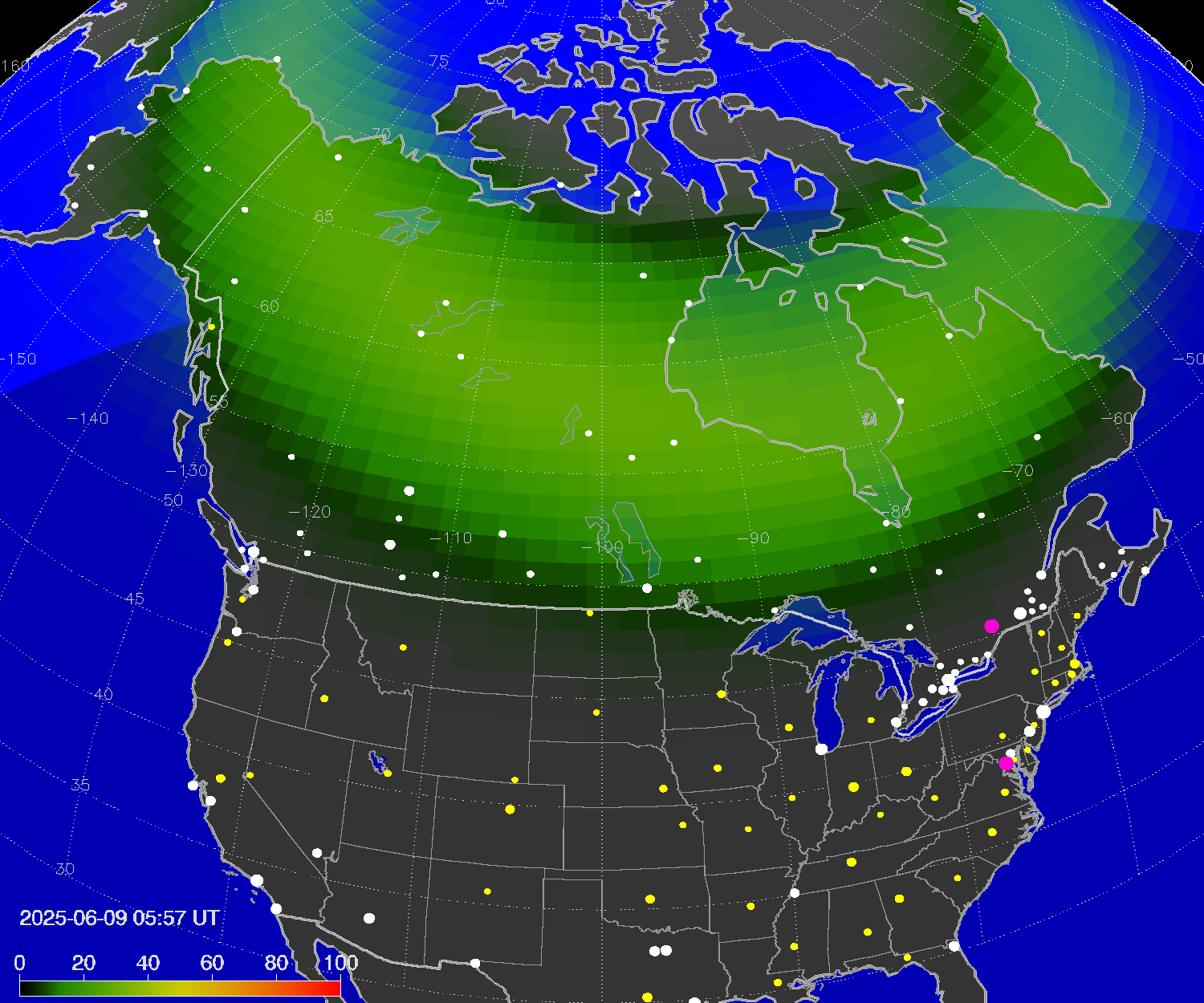 Northern lights (auroras) over North America