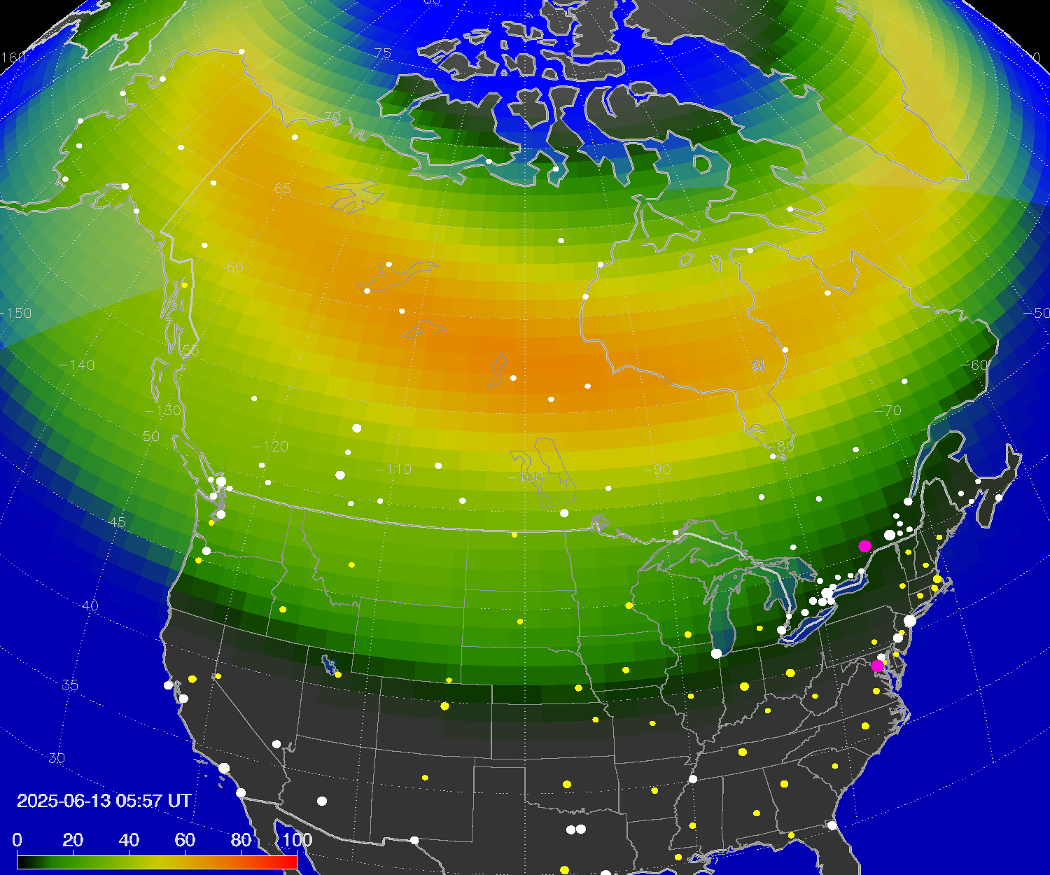 Northern lights (auroras) over North America