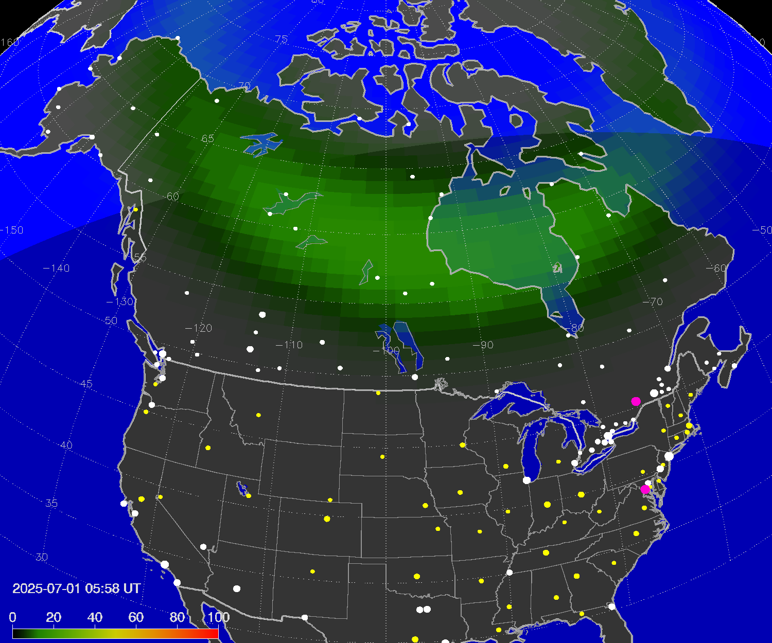 Northern lights (auroras) over North America