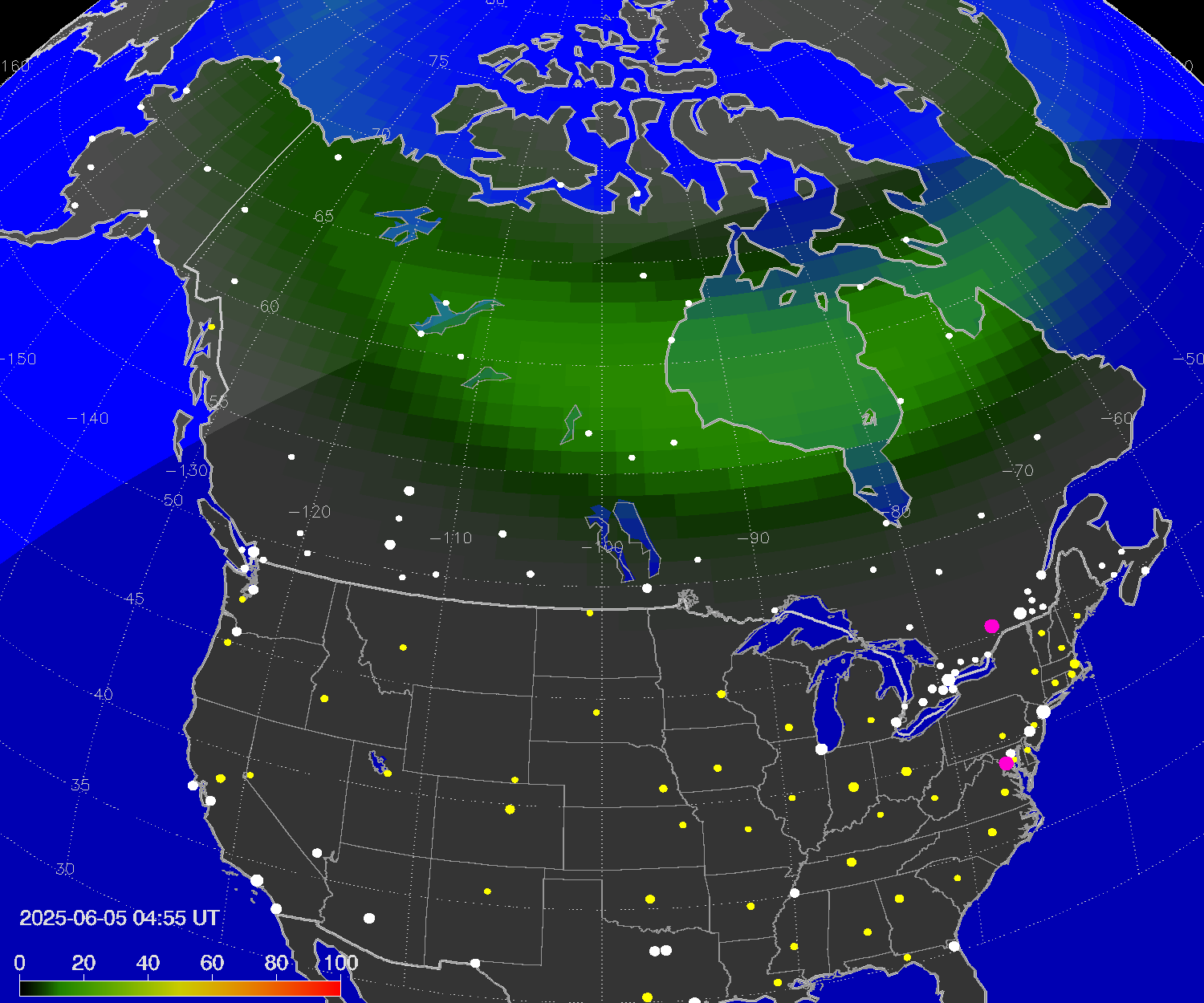 Northern lights (auroras) over North America