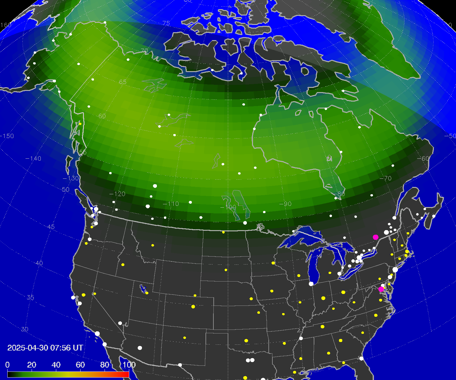 Northern lights (auroras) over North America