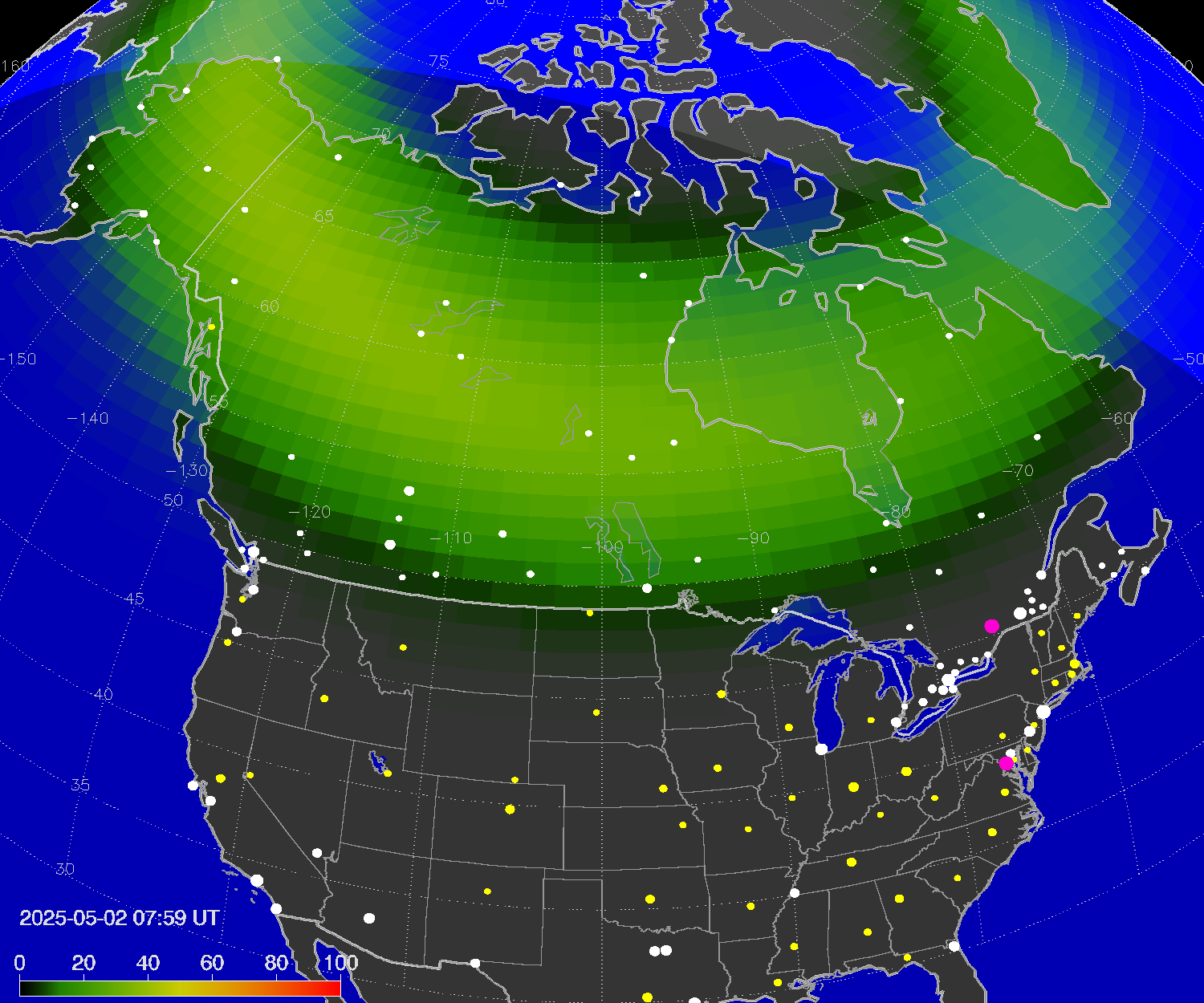 Northern lights (auroras) over North America