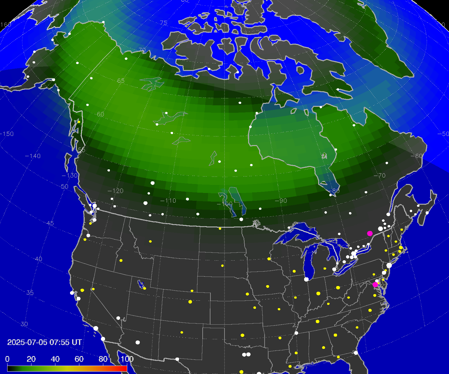 Northern lights (auroras) over North America