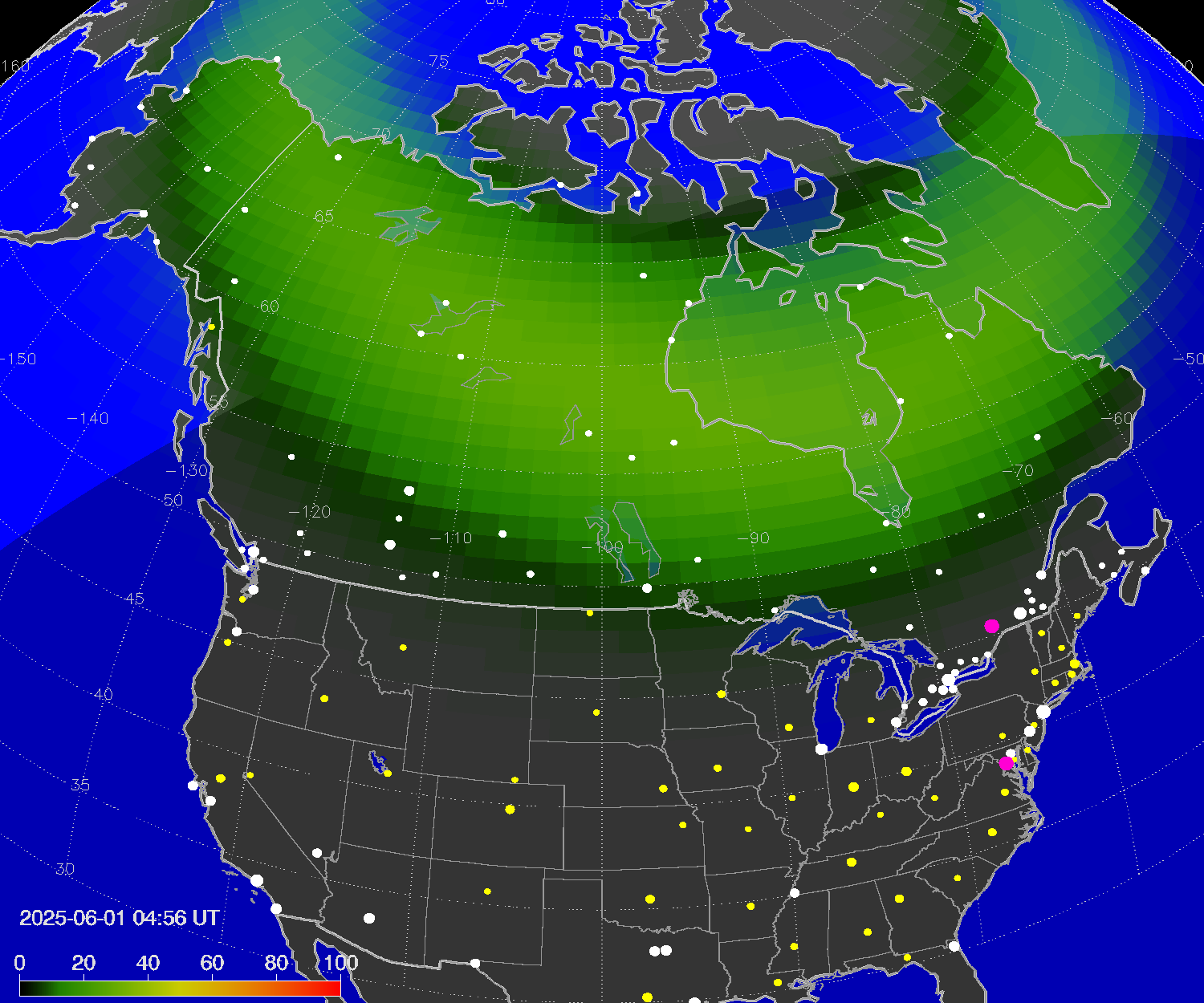 Northern lights (auroras) over North America