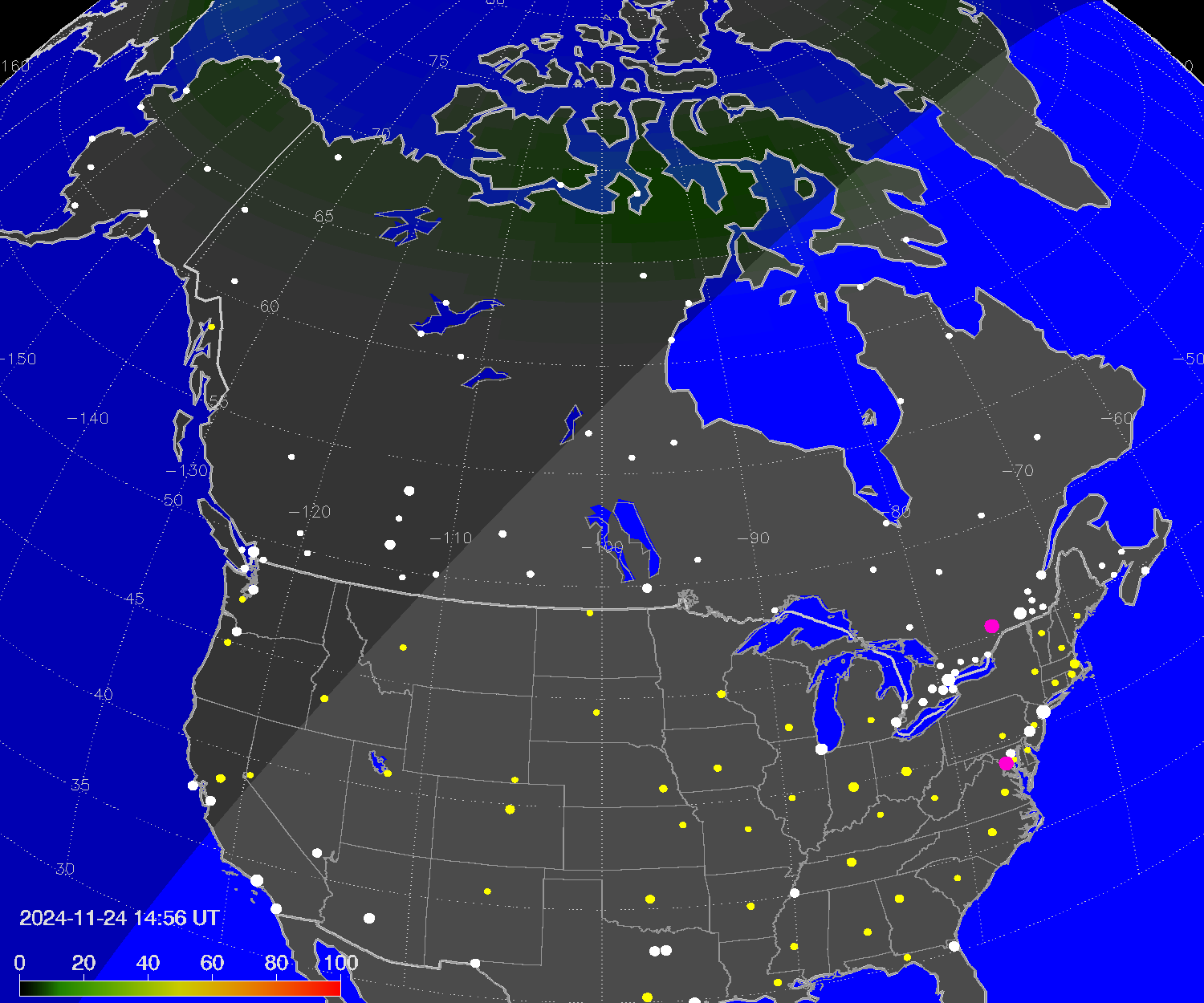 Northern lights (auroras) over North America