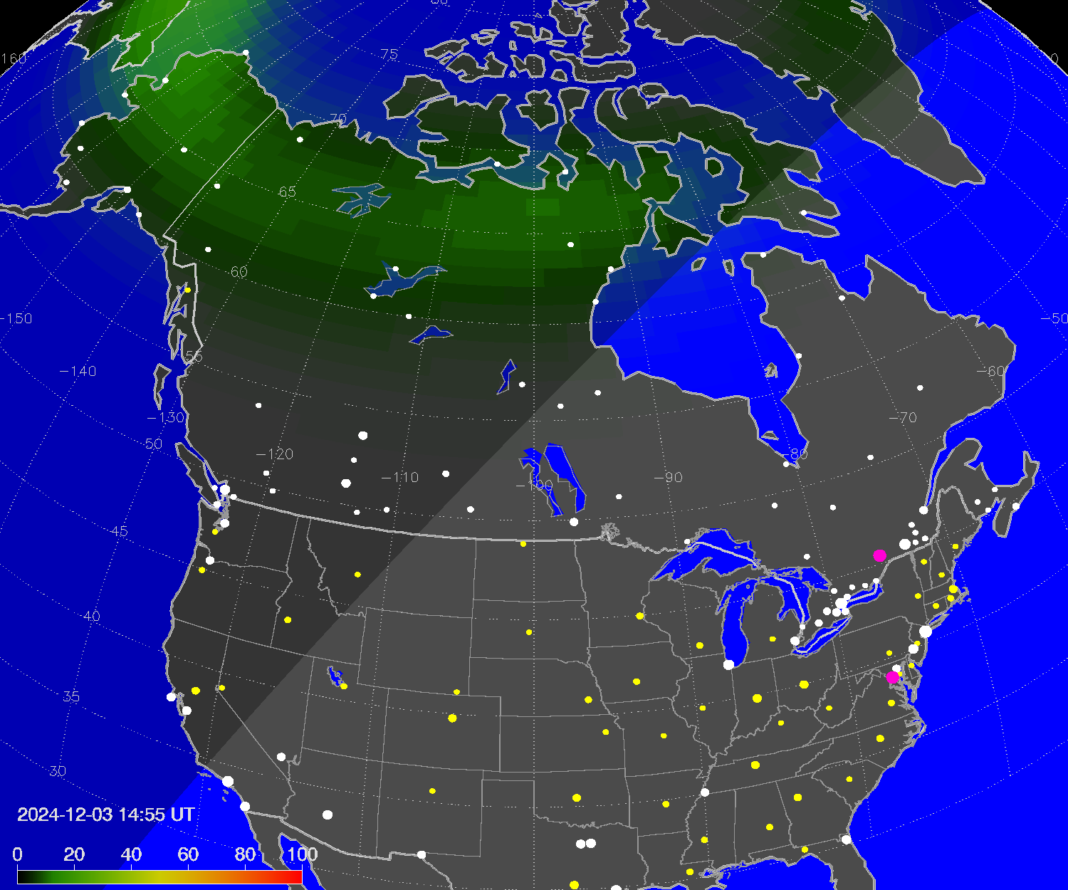 Northern lights (auroras) over North America
