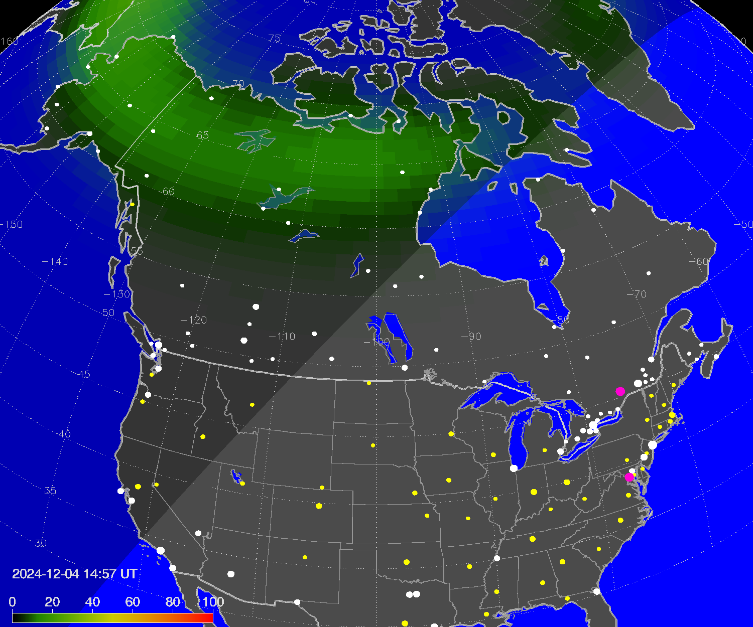Northern lights (auroras) over North America