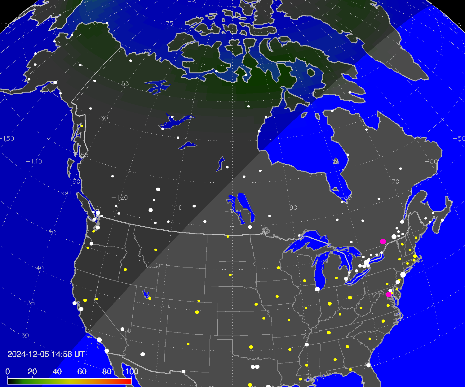 Northern lights (auroras) over North America