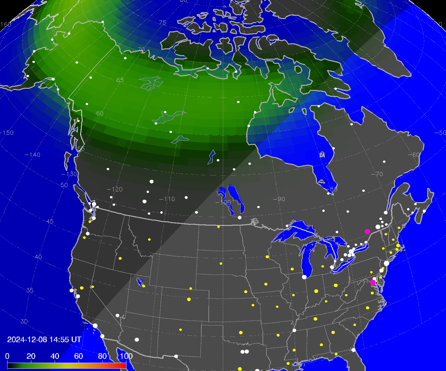 Northern lights (auroras) over North America