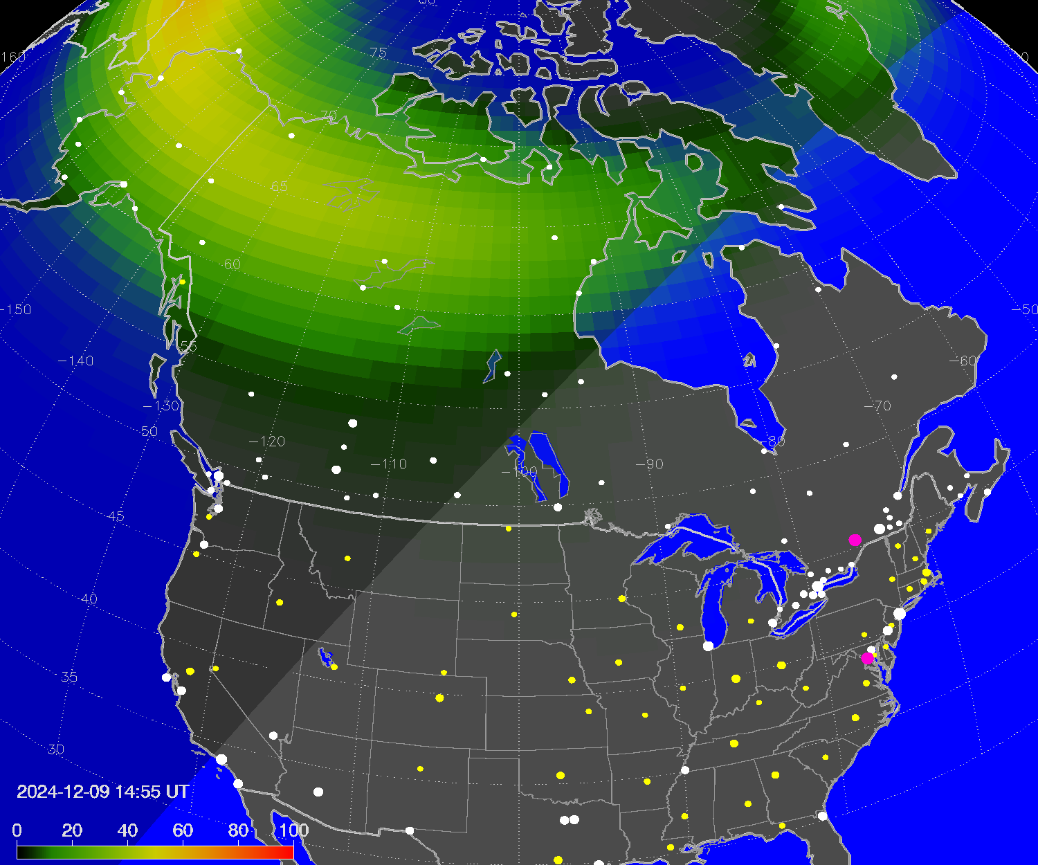 Northern lights (auroras) over North America